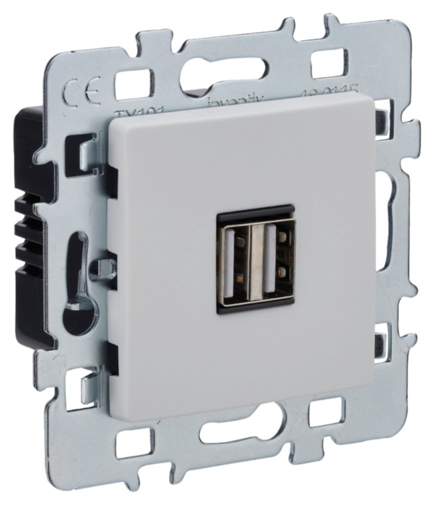 Prise USB Di-Line + Plaque Support Métal Double Blanc - INVENTIV'