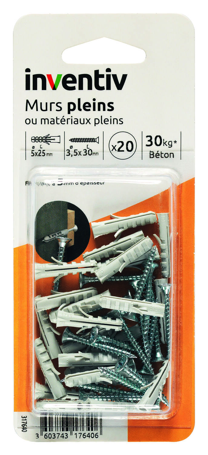 20 Chevilles Matériaux Pleins Ø5x25mm + Vis TF Ø3,5x30mm - INVENTIV