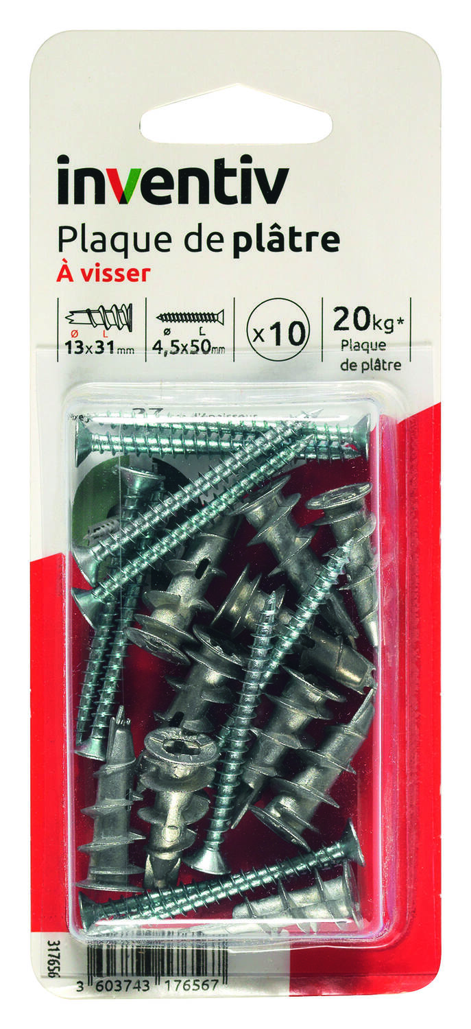 10 Chevilles Métal à Visser + Vis TF Ø4,5x50mm - INVENTIV