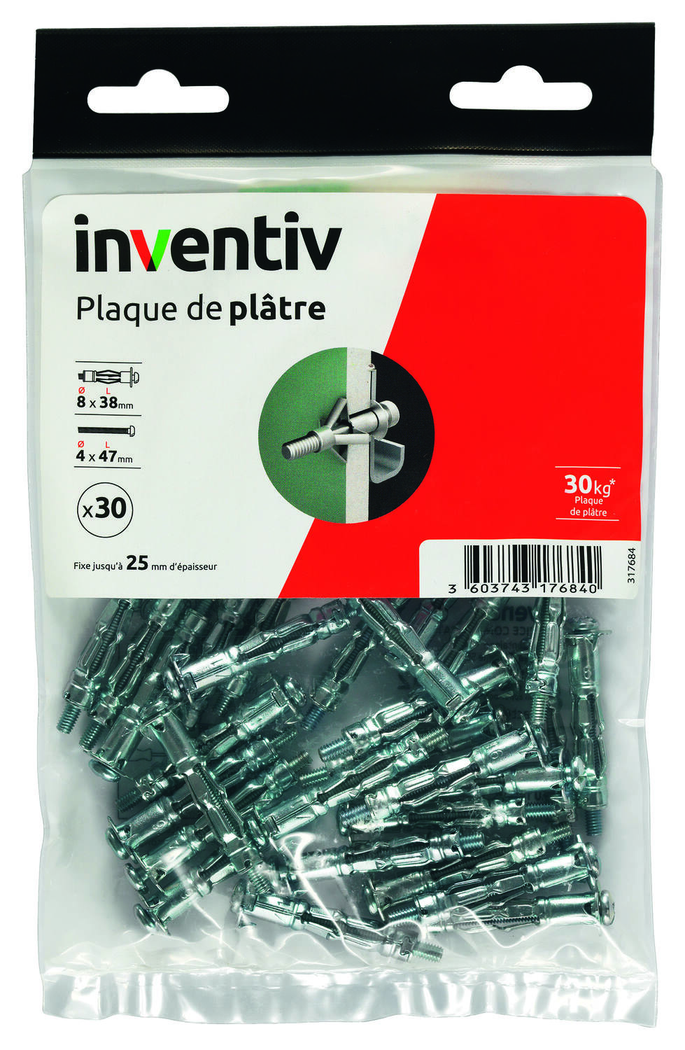 30 Chevilles Plaque Plâtre Ø8x38mm + Vis TR Ø4x47mm - INVENTIV