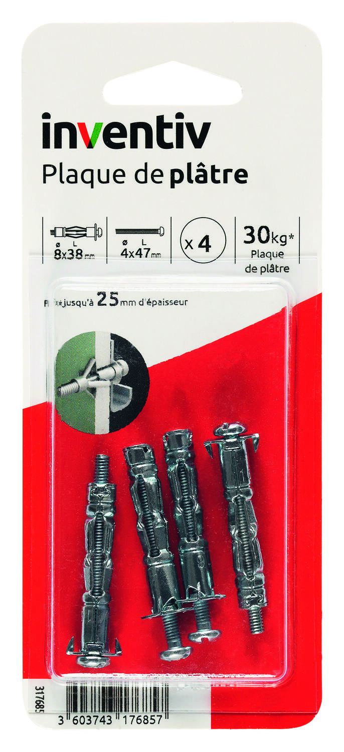 4 Chevilles Plaque Plâtre Ø8x38mm + Vis TR Ø4x47mm – INVENTIV