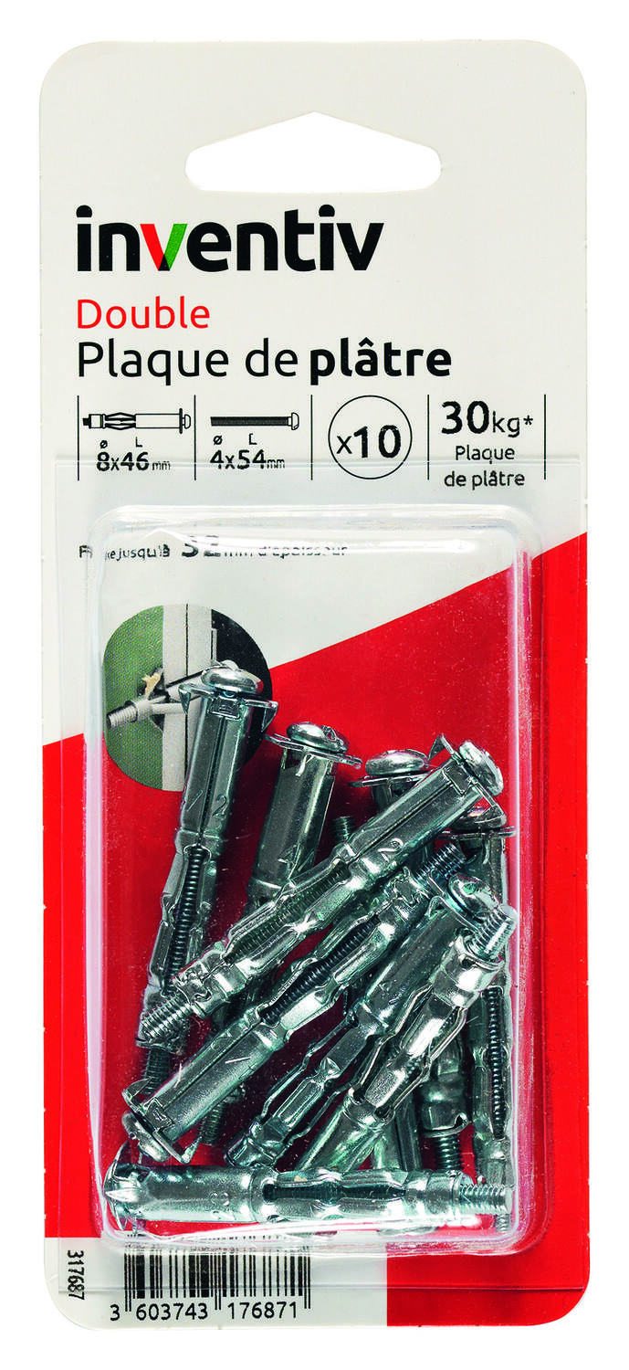 10 Chevilles Double Plaque Plâtre Ø8x46mm + Vis TR Ø4x54mm – INVENTIV