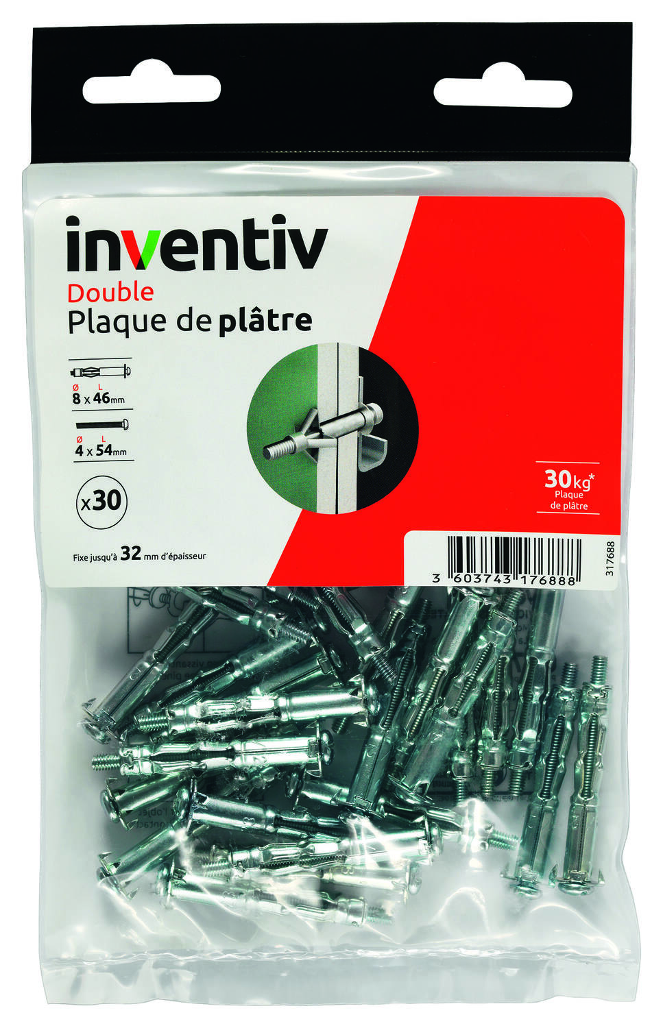30 Chevilles Double Plaque Plâtre Ø8x46mm + Vis TR Ø4x54mm – INVENTIV