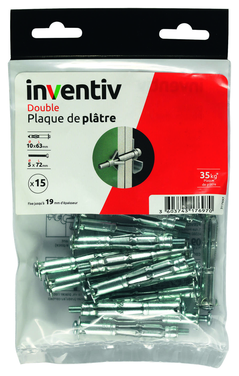 15 Chevilles Double Plaque Plâtre Ø10x63mm + Vis TR Ø5x72mm - INVENTIV