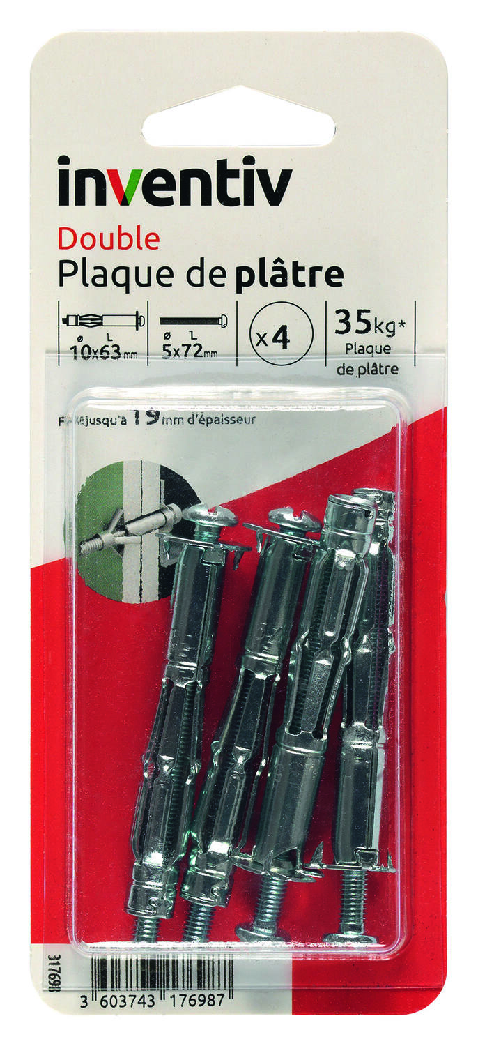 4 Chevilles Double Plaque Plâtre Ø10x63mm + Vis TR Ø5x72mm - INVENTIV
