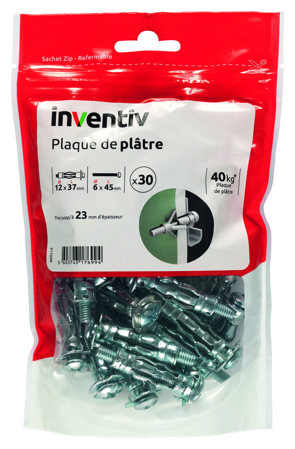 30 Chevilles Plaque Plâtre Ø12x37mm + Vis TR Ø6x45mm - INVENTIV