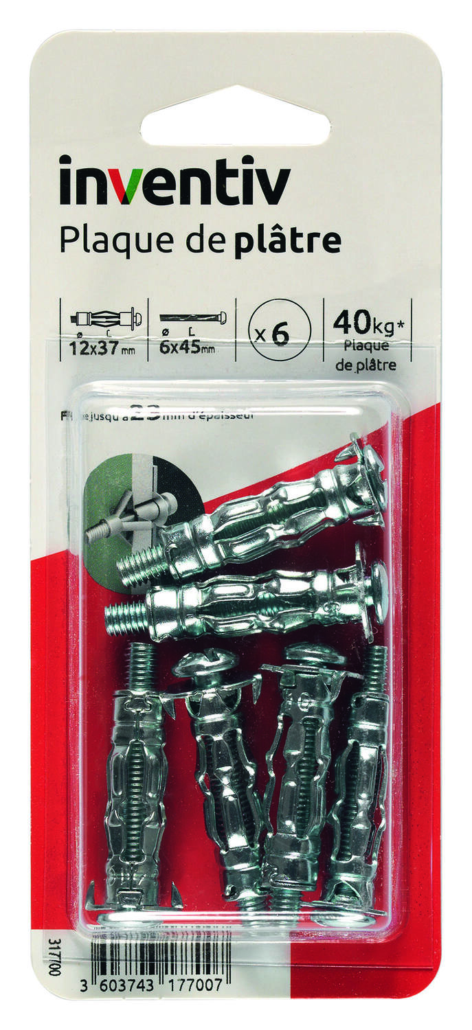 6 Chevilles Plaque Plâtre Ø12x37mm + Vis TR Ø6x45mm - INVENTIV