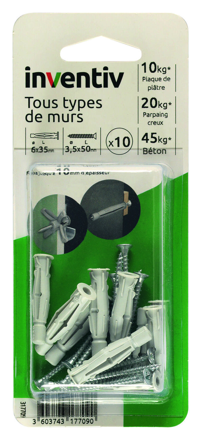 10 Chevilles Tous Matériaux Ø6x35mm + Vis TF  Ø3,5x50mm - INVENTIV