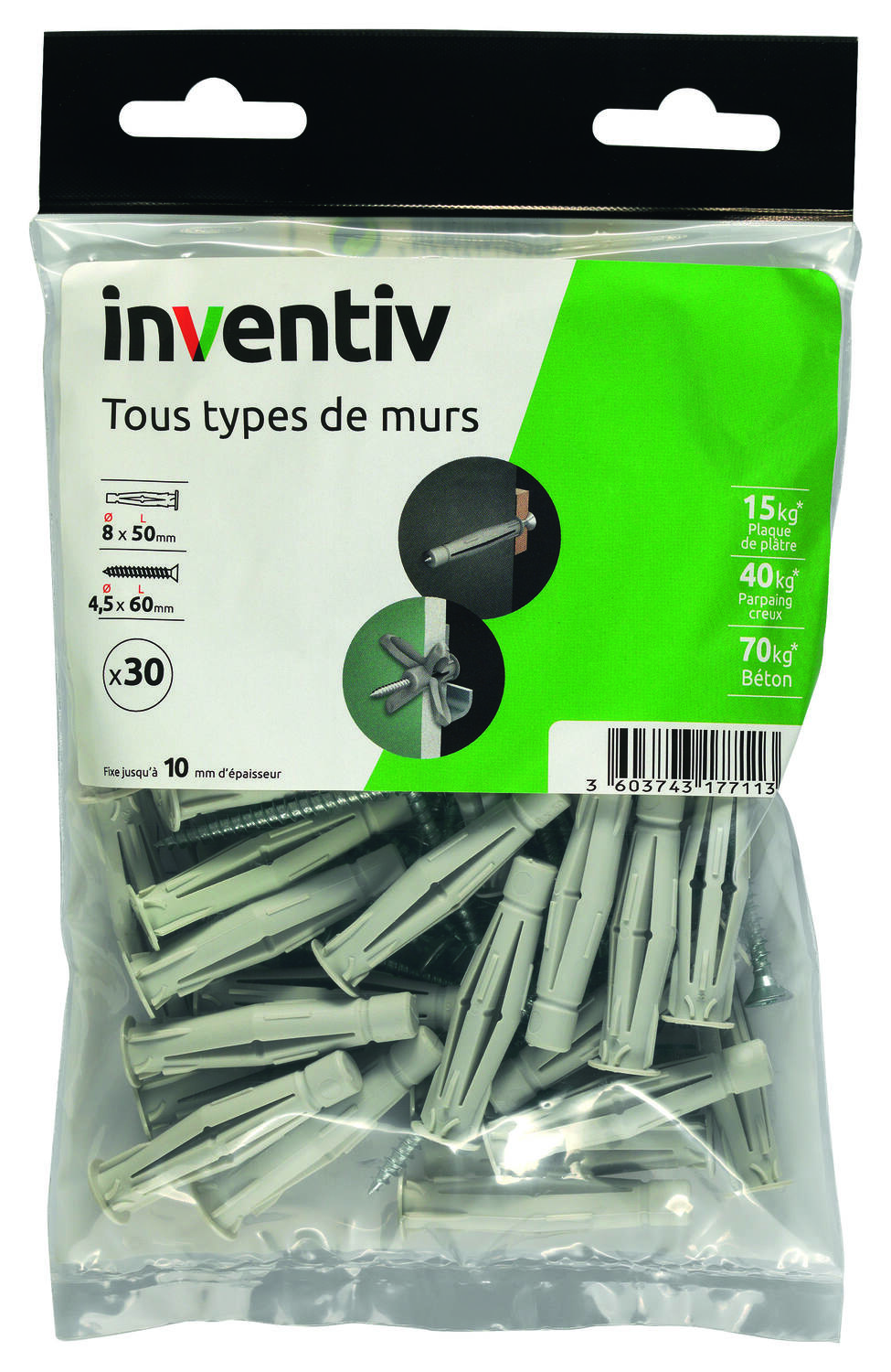 30 Chevilles Tous Matériaux Ø8x50mm + Vis TF  Ø4,5x60mm - INVENTIV