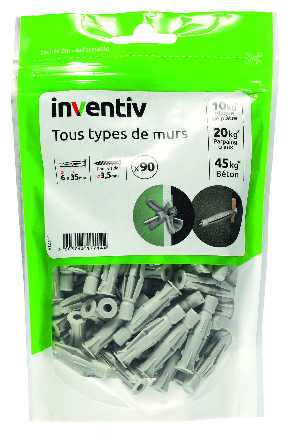 90 Chevilles Nylon Tous Matériaux Ø6x35mm - INVENTIV