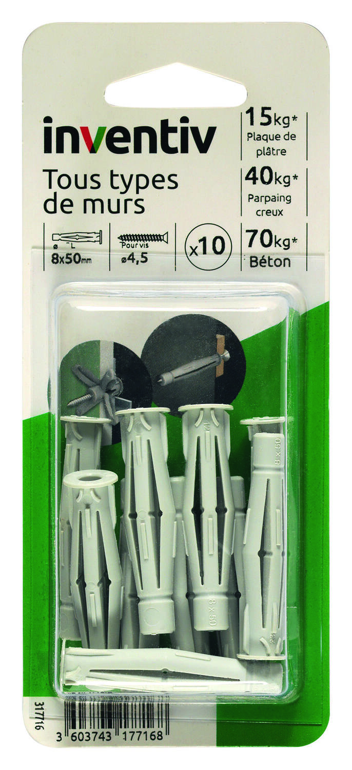 10 Chevilles Nylon Tous Matériaux Ø8x50mm - INVENTIV
