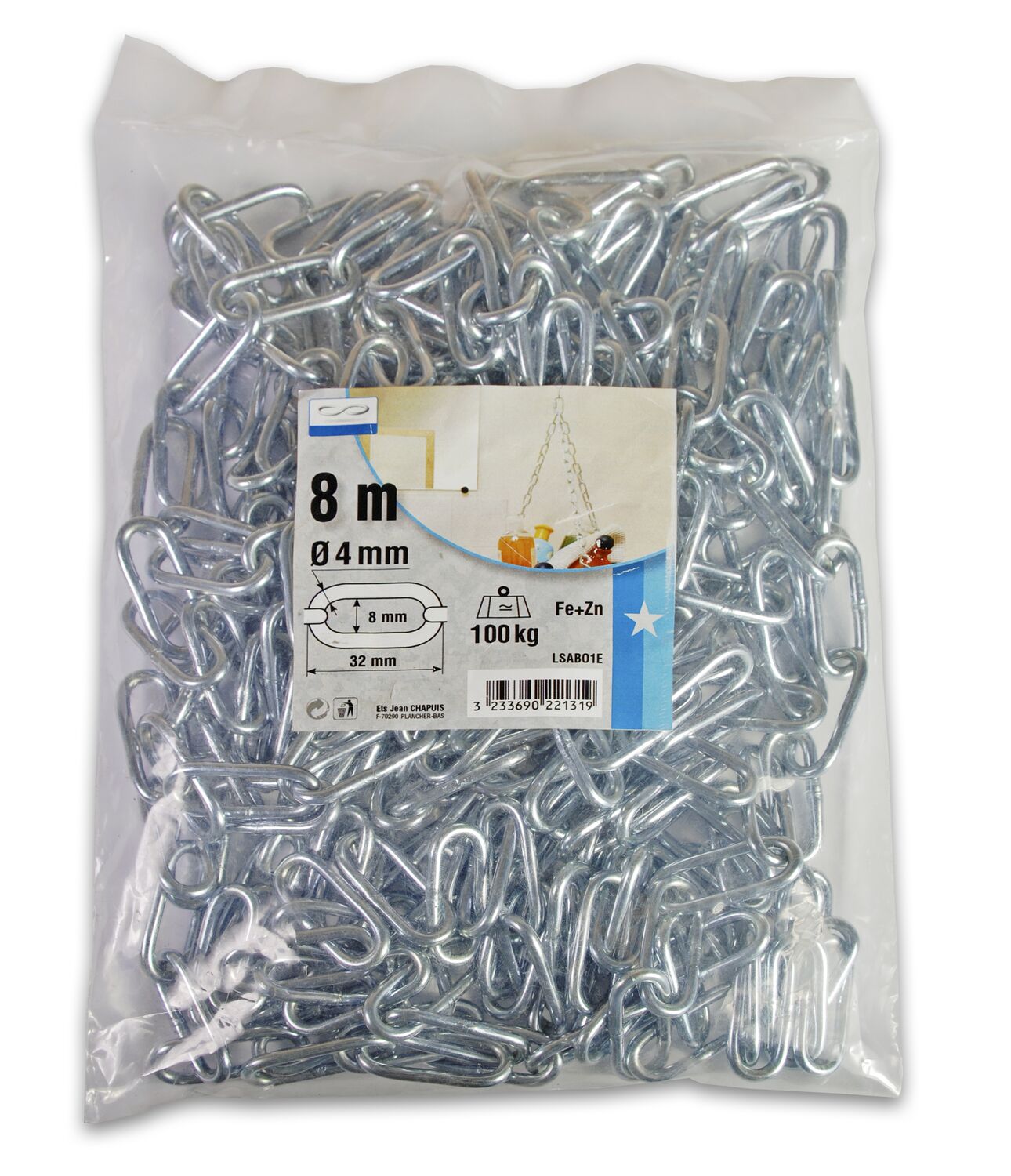 Chaîne droite soudée maille longue diamètre 4 mm et longueur 8 m