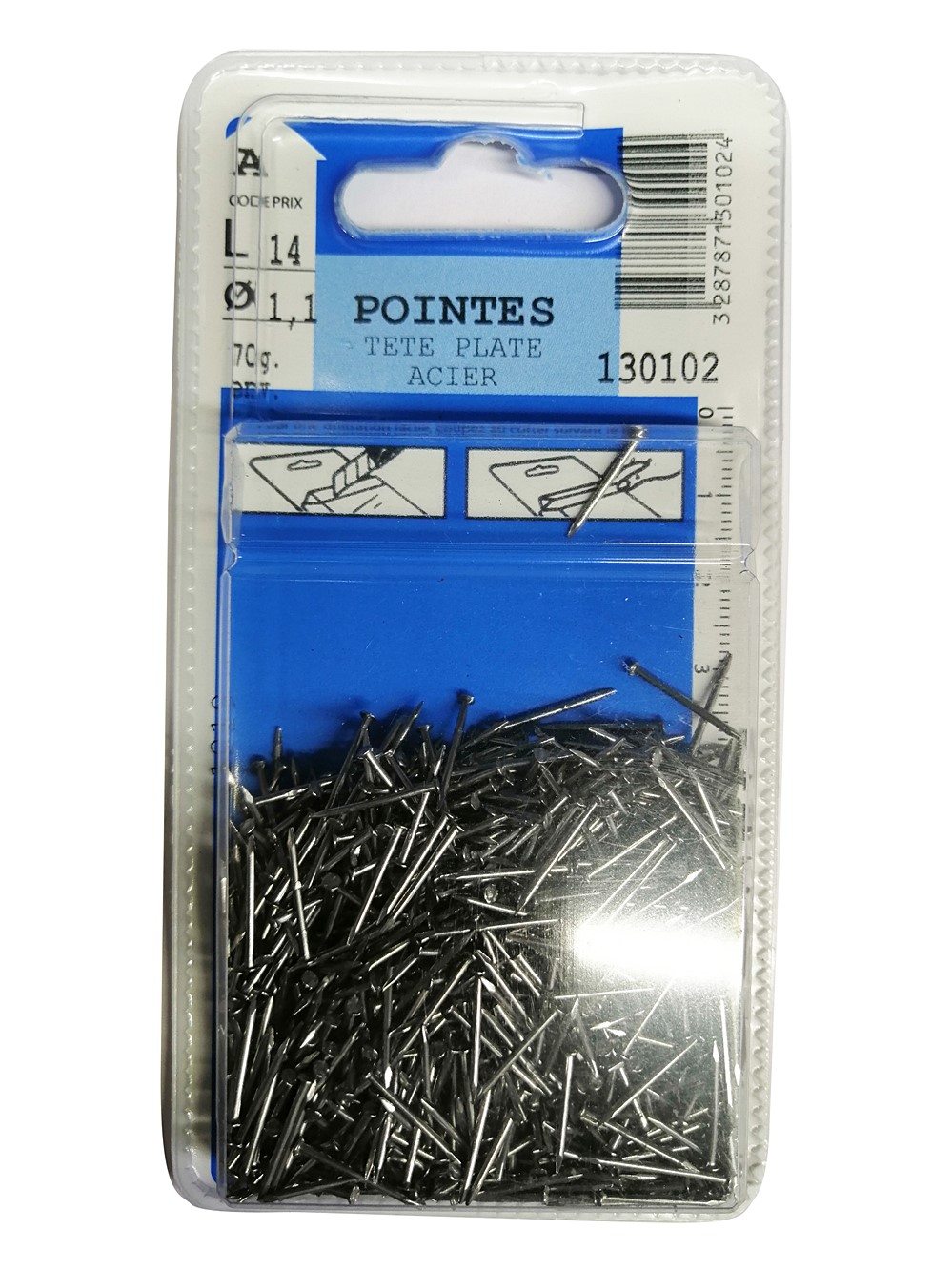 Pointes tête plate en acier L.14mm ø1,1mm 70g