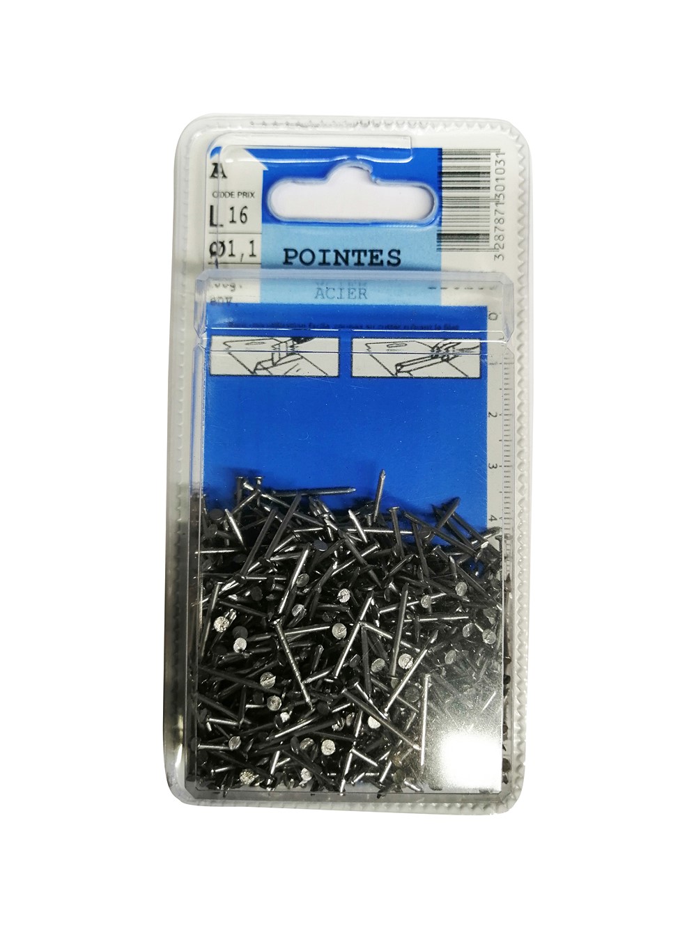 Pointes tête plate en acier L.16mm ø1,1mm 100g