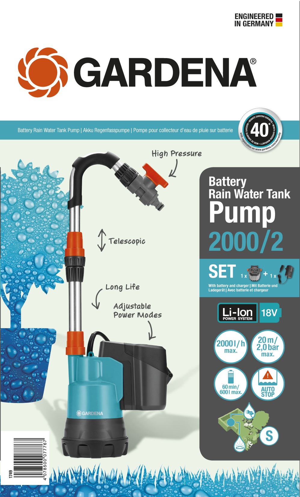 Pompe immergée sur batterie pour collecteur d'eau de pluie 2000/2 Li-18