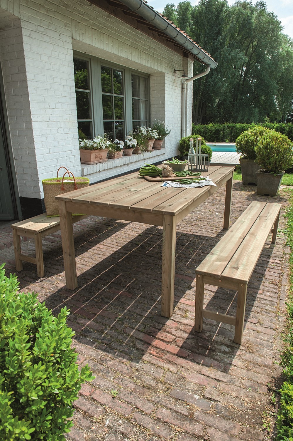 Table fermière + 2 bancs pin