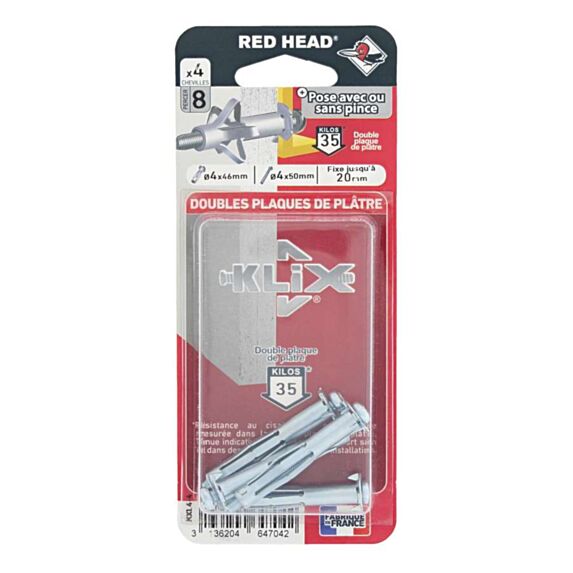 4 Chevilles Klix Métalliques Ø4x46mm + Vis TR Ø4x50mm - RED HEAD