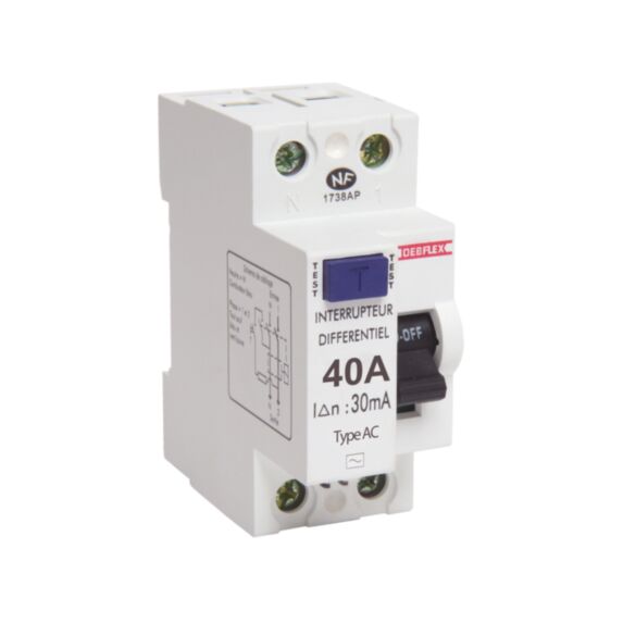 Interrupteur différentiel type AC 40A 2 modules - DEBFLEX