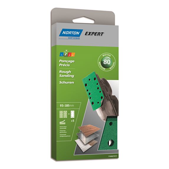 5 Patins auto-agrippants ponceuse vibrante 93x190mm Grain 80 - NORTON