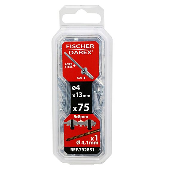 rivets aveugle 4x13 x75pcs alu acier tête plate - FISCHER DAREX