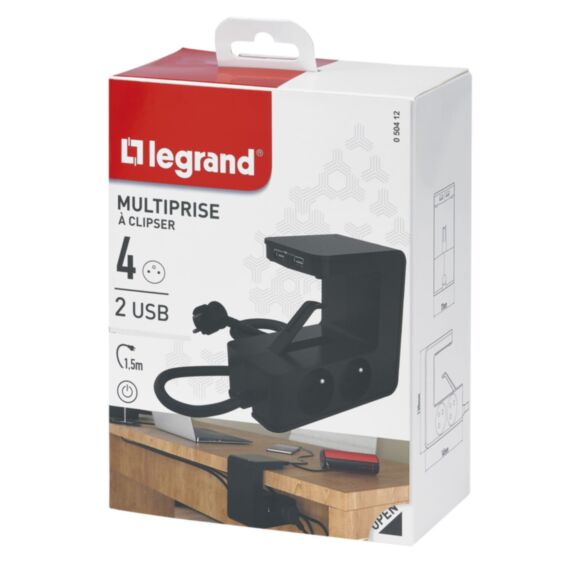 Multiprise Clipsable 4 Prises 2P+T + 2 Ports USB + 1 Interrupteur Lumineux Noir