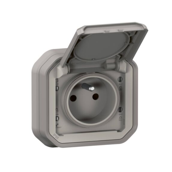 Prise de courant avec volet Plexo complet encastré avec griffes gris 16A - LEGRAND