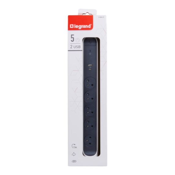 Multiprise rotatif 5 prises de courant Surface, parafoudre et USB Type-A+ Type-C blanc/gris foncé