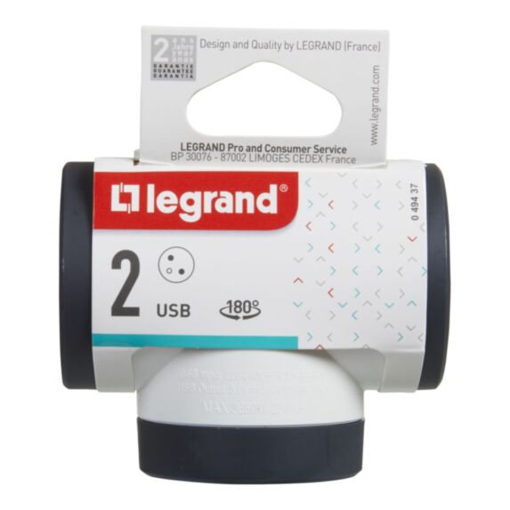 Fiche Rotative 2 prises 2P+T Latérales 16A 230V 3680W USB A+C Blanc/Noir