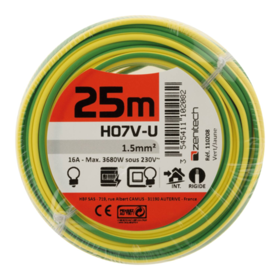 Cable ho7vu 1.5 vert/jaune 25m - PLASTO