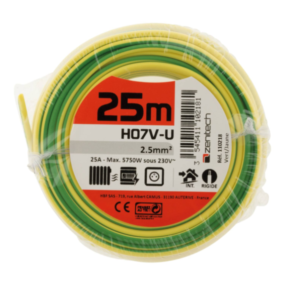 Cable ho7vu 2.5 vert/jaune 25m - PLASTO