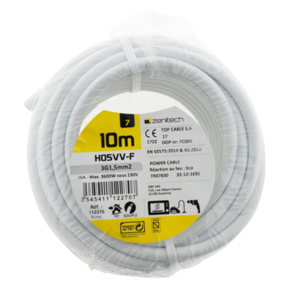 Cable ho5vvf 3x1.5 blanc 10m - plasto - INOTECH