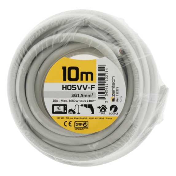 Cable ho5vvf 3x1.5 gris 10m - plasto - INOTECH