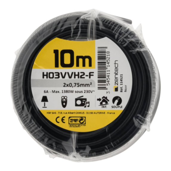 Cable ho3vvh-2f 2x0.75 noir 10m - INOTECH