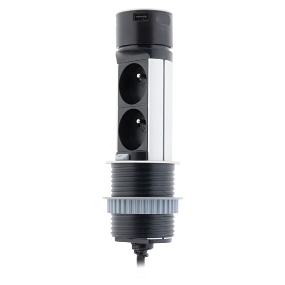 Bloc escamotable Ø60mm 2 prises 16A + 2 chargeurs