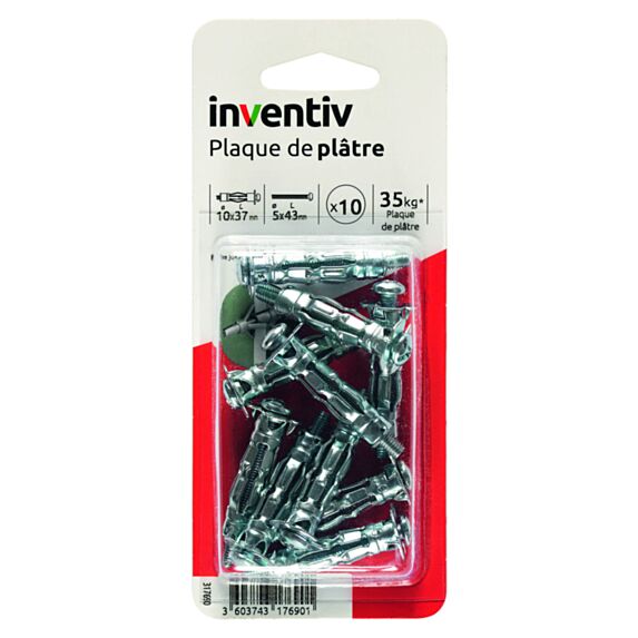10 Chevilles Plaque Plâtre Ø10x37mm + Vis TR Ø5x43mm - INVENTIV