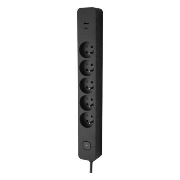 Bloc 5 Prises 2P+T FR + 2USB A+C 3A Noir - INVENTIV