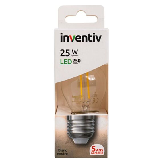Ampoule sphérique P45 LED 2W 4000K blanc neutre E27 74x45x45mm - INVENTIV