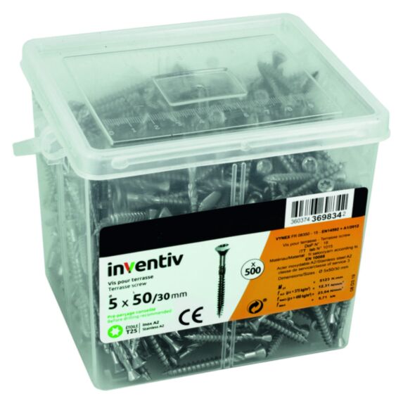 500 vis étoile Inox pour terrasse bois A2 5x50mm - INVENTIV