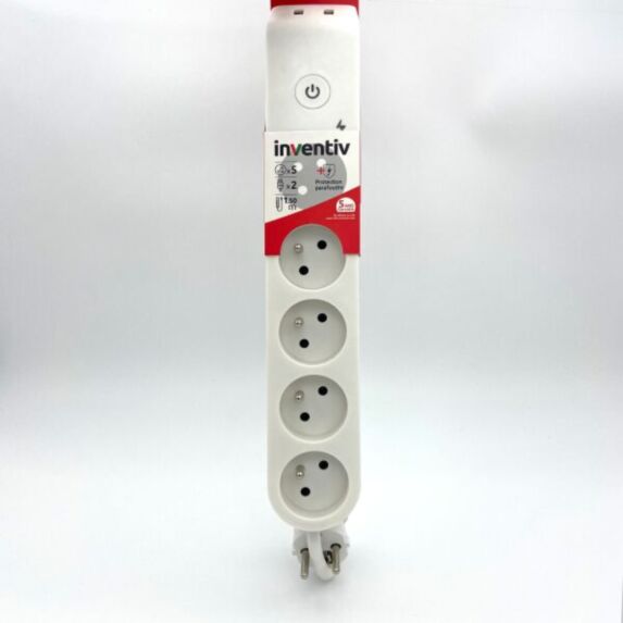 Multiprise 5 Prises 2P+T 16A Interrupteur 2 USB 1,50m Blanc - INVENTIV
