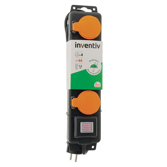 Bloc IP44 4 prises 16A avec interrupteur câble 1,5m noir - INVENTIV