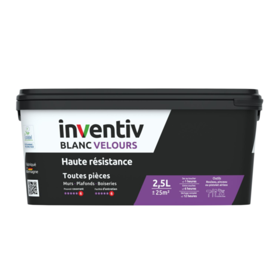 Peinture murs/plafonds haute résistance blanc velours 2,5L - INVENTIV