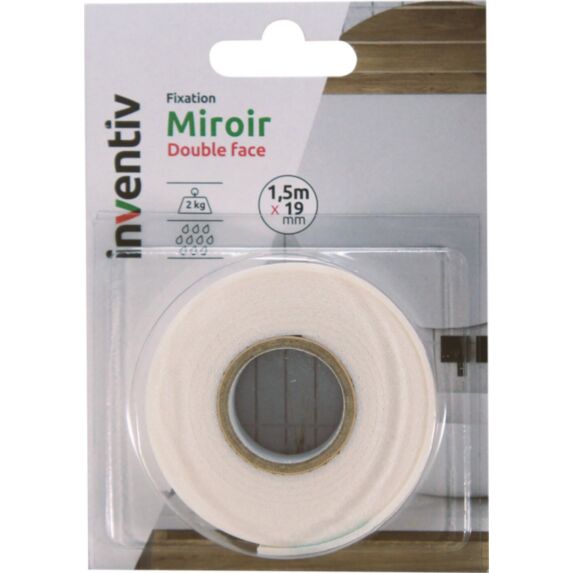 Adhésif fixation miroir double face 19mmx1,5m blanc - INVENTIV