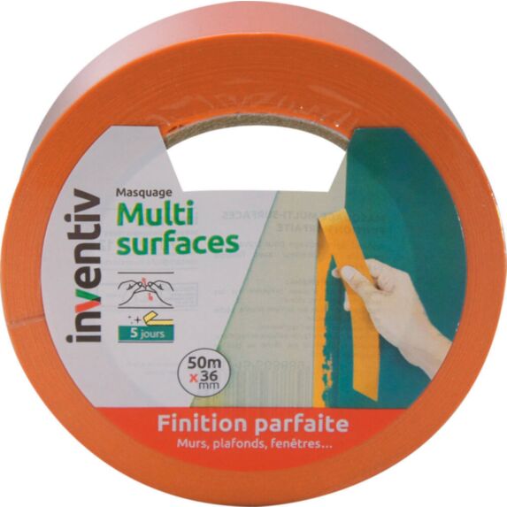 Ruban adhésif masquage 50mx36mm orange multi-surfaces finition parfaite - INVENTIV