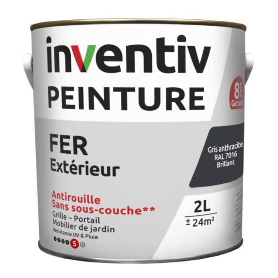 Peinture extérieure fer Garantie 8 ans gris anthracite brillant 2 L - INVENTIV