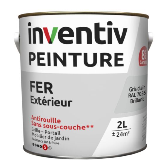 Peinture extérieure fer Garantie 8 ans gris clair brillant 2 L - INVENTIV