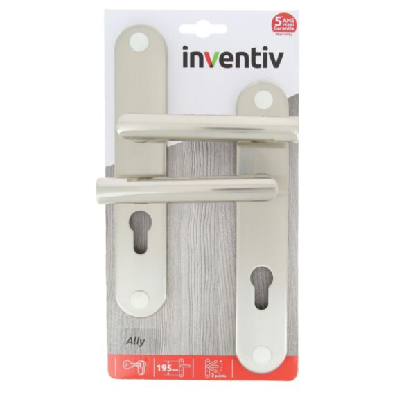 2 poignées de porte Ally entraxe 195 cylindre alu/acier nickel mat - INVENTIV