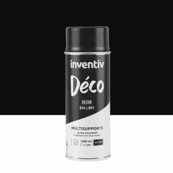 Peinture aérosol Multisupports ultra-couvrant noir brillant 400ml - INVENTIV