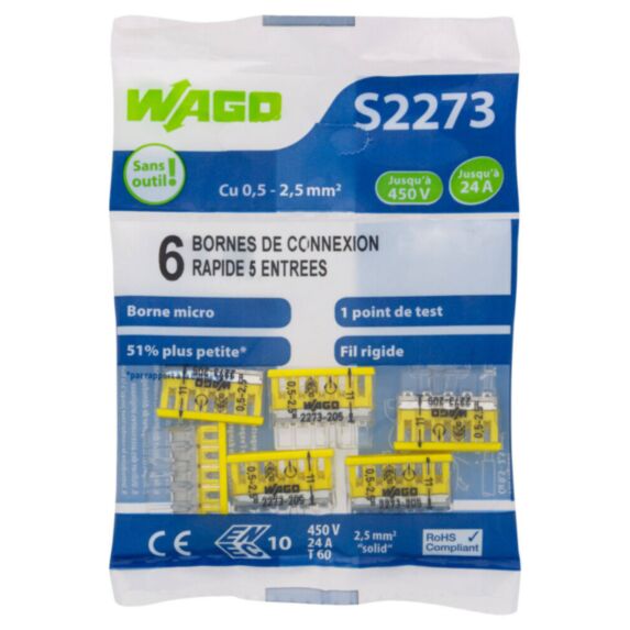 Sachet de 6 bornes 5 entrées S2273 jaune - WAGO