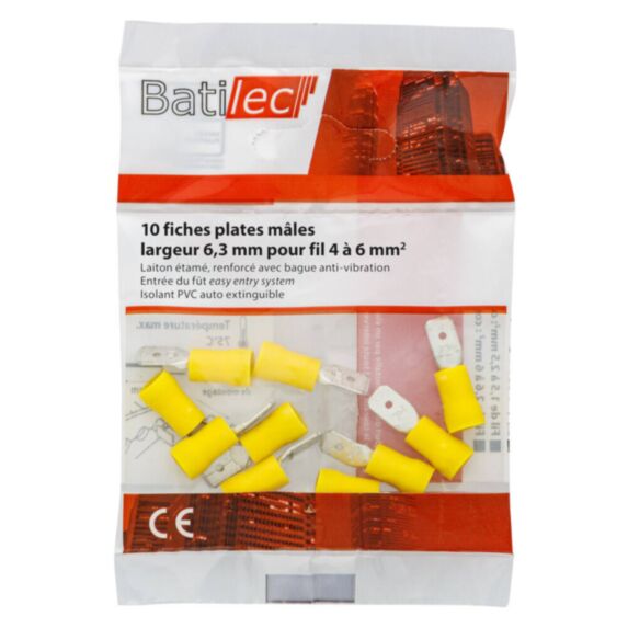 Lot 10 fiches plates mâles jaune 4 à 6 mm² - BATILEC