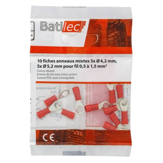 Lot de 10 fiches anneau PVC rouge 5xØ4,2mm 5xØ5,2mm - BATILEC